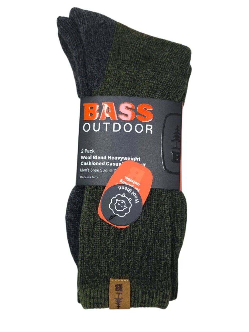 Bass Outdoor Wool Blend Mid-Calf Socks Heavyweight Cushioned Casual 2-Pack Mens